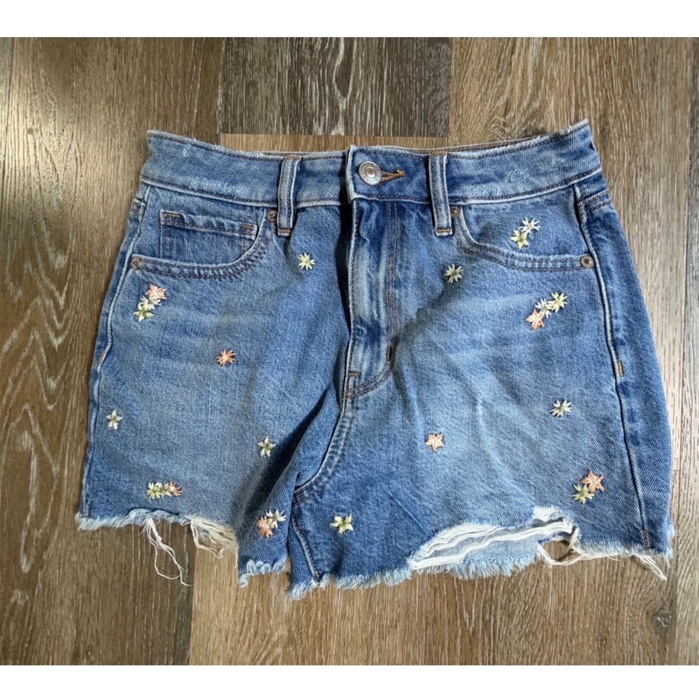 American Eagle Mom Shorts Womens 0 Blue Embroidered Floral Distressed Denim